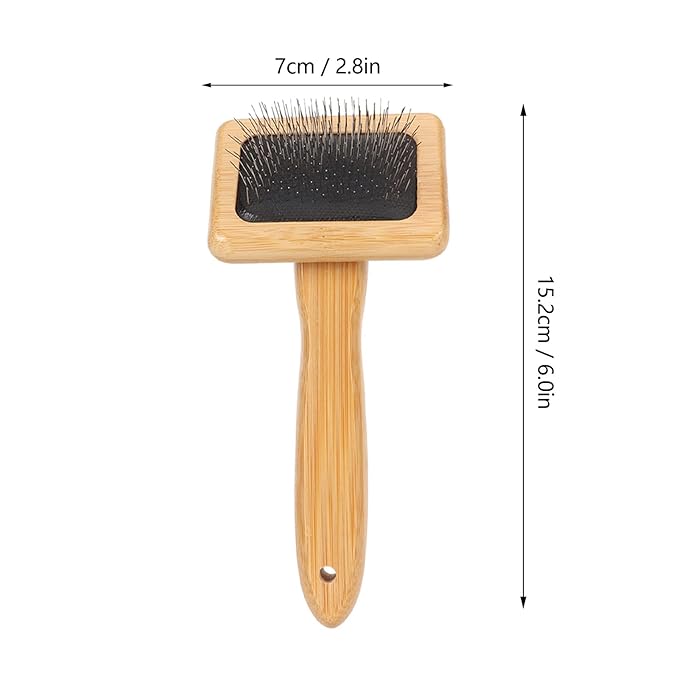 Macrame Slicker Comb with Hole Cushion Finely Polished Bamboo Cleaning Brush Sheepskin Wool Stainless Steel Pins Carding Rug Fur Brushes Long Prongs Pet (12x15.2x4.5cm /