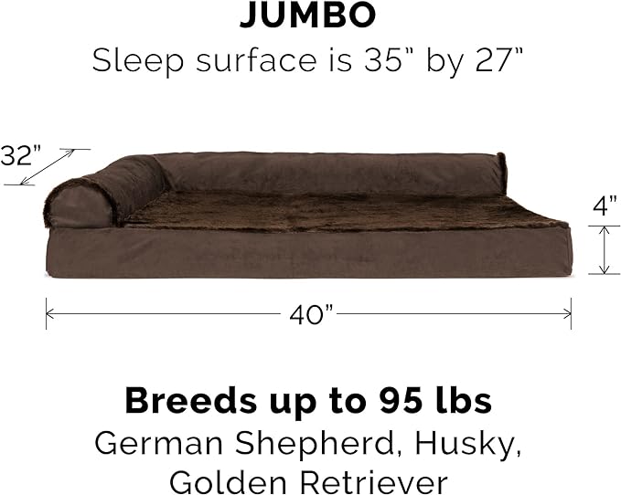 Furhaven Memory Foam Dog Bed for Large Dogs w/ Removable Bolsters & Washable Cover, For Dogs Up to 95 lbs - Plush & Velvet L Shaped Chaise - Sable Brown, Jumbo/XL