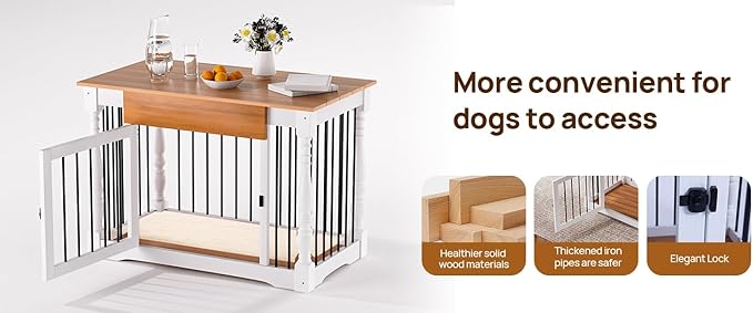 Dog Crate Furniture - Solid Wood Roman Column Kennel for Small/Medium Dogs | Multi-Functional Pet Bed with Removable Tray & Coffee Table Design | Modern Home Decor,Indoor Furniture (White)