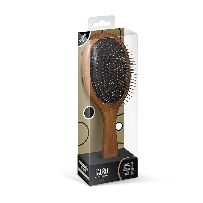 TAURO PRO LINE Wooden Dog Brush for Detangle Long and Short Hair, Wooden Soft Massage Brush for Grooming Haired Dogs and Cats, Flexible Cushion and Non-Slip Grip, Oval, 9,45 x 3,54 inch, Brown