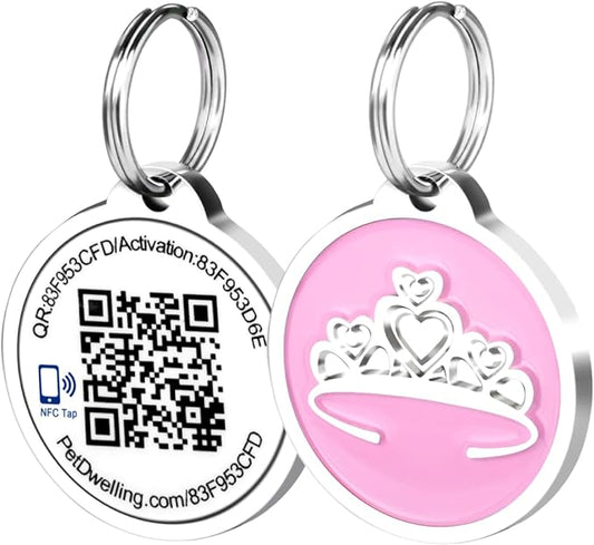 Premium NFC & QR Code Smart Dog ID Tag - Easy Scanning, Instant Profile Access, Real-Time Location Alerts(Pink Tiara)
