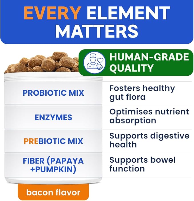 BARK&SPARK Dog Probiotics & Digestive Enzymes (Gut Health) Allergy & Itchy Skin - Pet Diarrhea Gas Treatment Upset Stomach Relief Pill, Digestion Health Prebiotic Supplement Tummy Treat (180Ct Bacon)