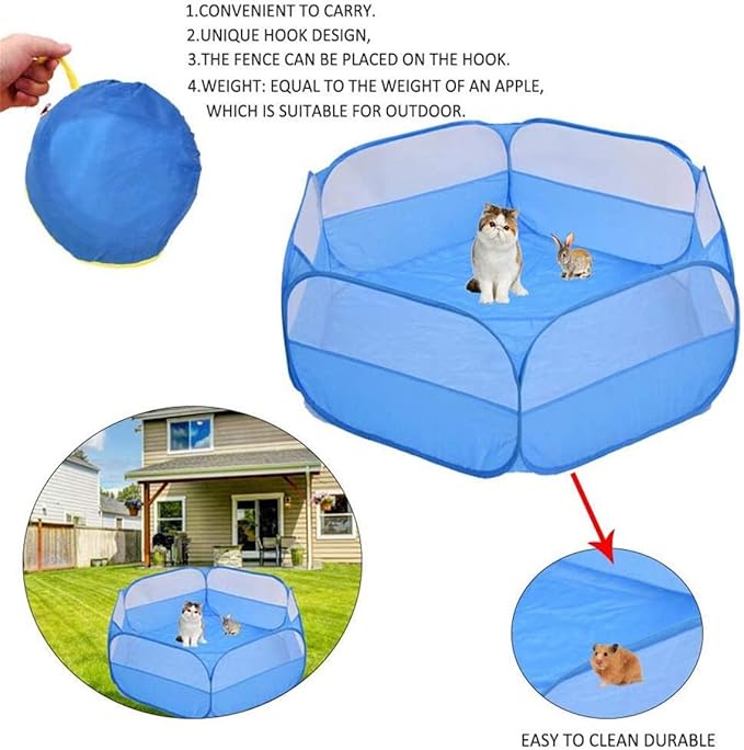 Small Animal Playpen,Portable Small Animal Cage Tent Breathable Pet Playpen Cage Tent Pop-Up Outdoor&Indoor Exercise Fence for Hamster Guinea Pig Rabbit Puppy Hedgehog (Blue no Cover)