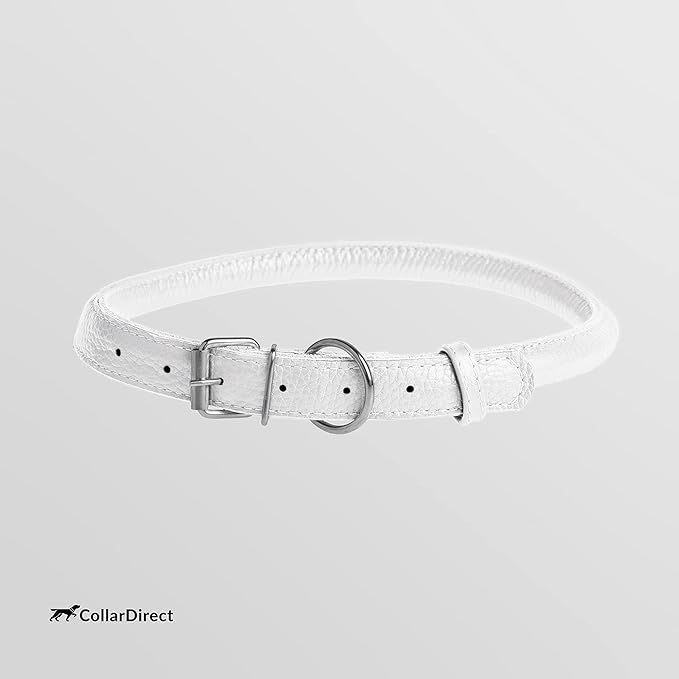 CollarDirect Rolled Leather Dog Collar, Soft Padded Round Puppy Collar, Handmade Genuine Leather Collar Dog Small Large Cat Collars 13 Colors (15-19 Inch, White Textured)