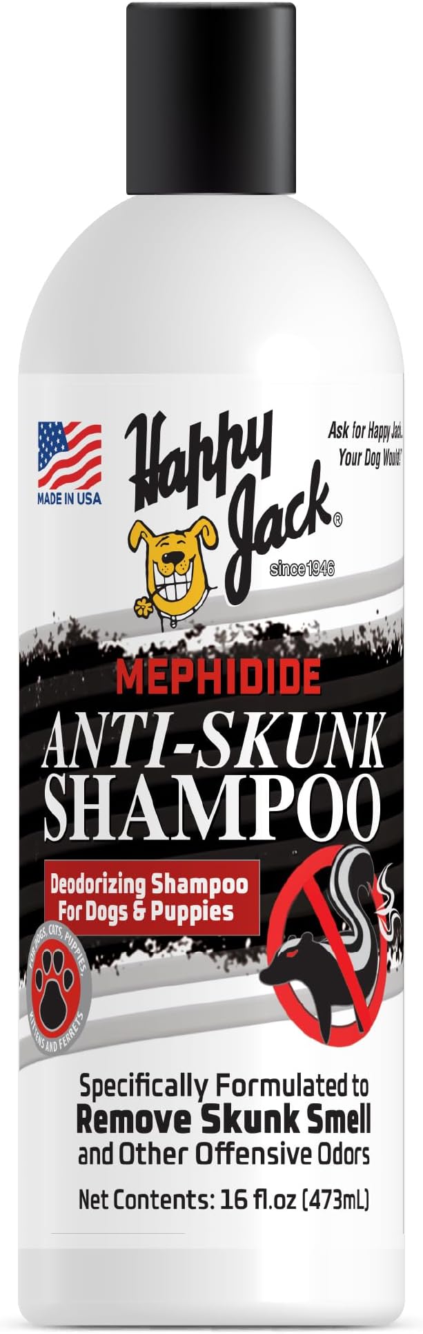 HAPPY JACK Mephidide Anti Skunk Shampoo for Dogs, Cats, Pets – Hypoallergenic Skunk Odor Remover for Dogs – Deodorizing Dog Shampoo (16oz)