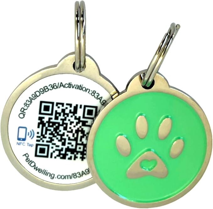 Premium NFC & QR Code Smart Dog ID Tag - Easy Scanning, Instant Profile Access, Real-Time Location Alerts(Green Paw)