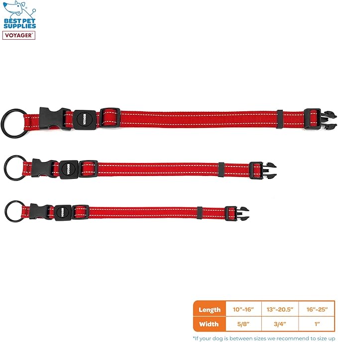 Best Pet Supplies Reflective Dog Collar with Adjustable Length, Heavy-Duty Buckle, and Strong Leash D-Ring, Training, Walking, Jogging Accessory for Small, Medium, and Large Breeds - Red, S