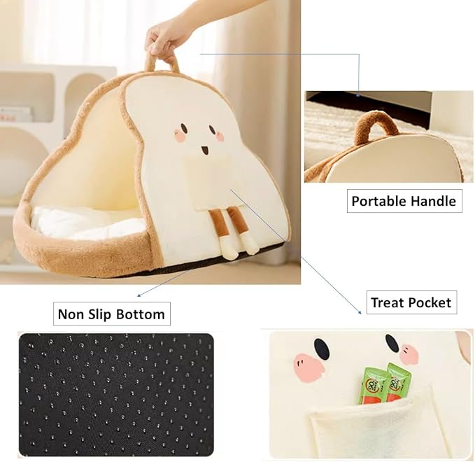 Portable Pet Cave for Puppy Kitten Cute Toast Design for Small Pets Cosy Cuddler (L: up to 11lbs)