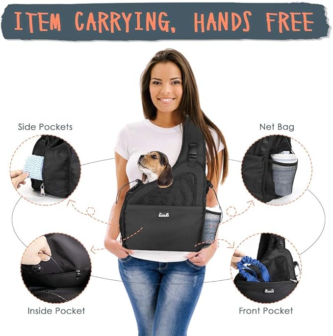 Lukovee Dog Slings for Small Dogs, Hard Bottom Support & Adjustable Soft Padded Shoudler Strap Dog Sling Carrier, Dog Purse with Button Closure & Zipper Pockets (for Pets up to 6 lbs, Black)