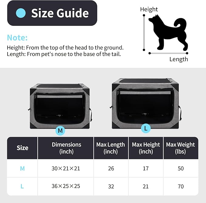 36 Inch Portable Travel Dog Crate, 3 Door Collapsible Soft Pet Kennel with Durable Mesh Windows for Medium Dogs, Foldable Dog Cage with Storage Pocket for Outdoor (Light Grey)