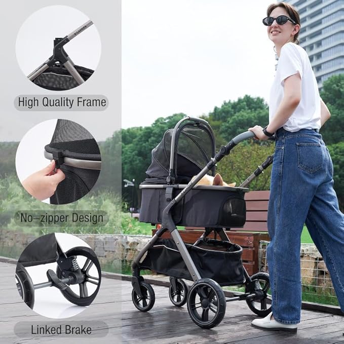 Pet Stroller for Small Medium Dogs, Cat Stroller Travel System Four Wheel Dog Stroller with Carrier, Zipperless Entry/Cup Holder/Storage Basket