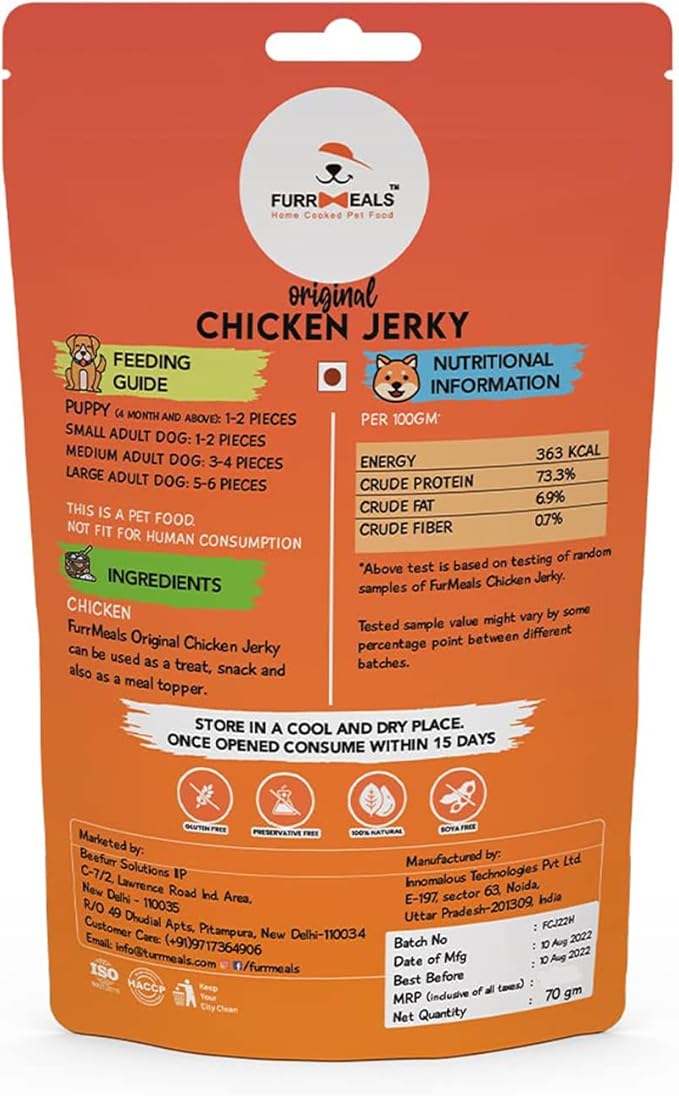 Original Chicken Jerky | High Protein Low Fat | Natural Treat for Dogs & Cats | Zero Preservative Human Grade Dog Treat | Pack of 1 x 70gm
