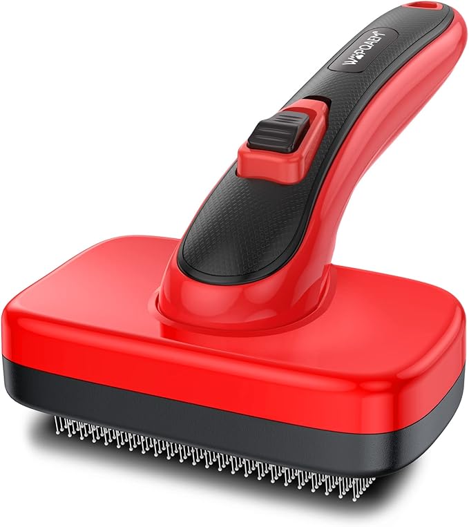 Self Cleaning Slicker Brush for Shedding Long Short Haired Dogs & Cats, Remove Loose Tangling Knot Undercoat Fur Mats, Grooming Brush with Retractable Bristles for Small Medium Large Pet, Red