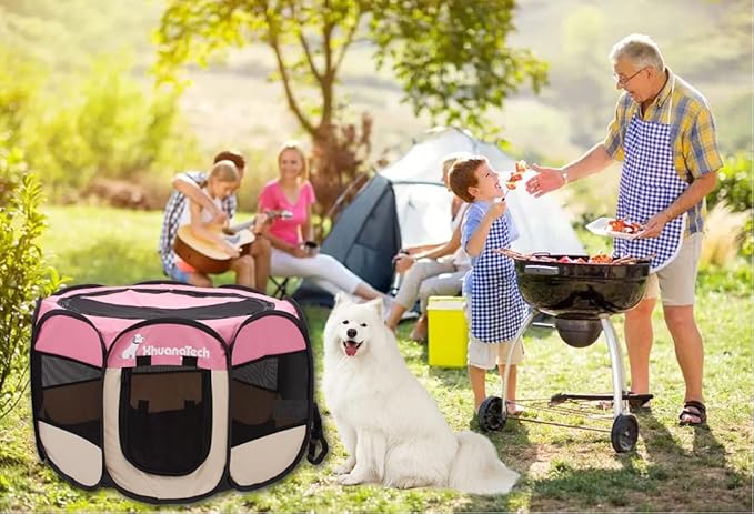 Foldable Pet Dog Playpen, Pop Up Portable Cat Playpen, Indoor/Outdoor for Kitten Puppy Play Pen, Cats Crate Cage Tent with Carrying Bag, 600D Oxford (Pink + Beige, Small (26"x26"x18"), 8)