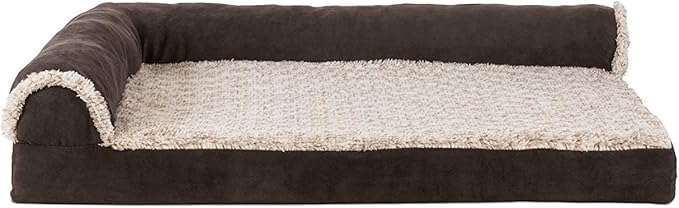 Furhaven Orthopedic Dog Bed for Medium/Small Dogs w/ Removable Bolsters & Washable Cover, For Dogs Up to 35 lbs - Two-Tone Plush Faux Fur & Suede L Shaped Chaise - Espresso, Medium,30"L x 20"W x 6"Th