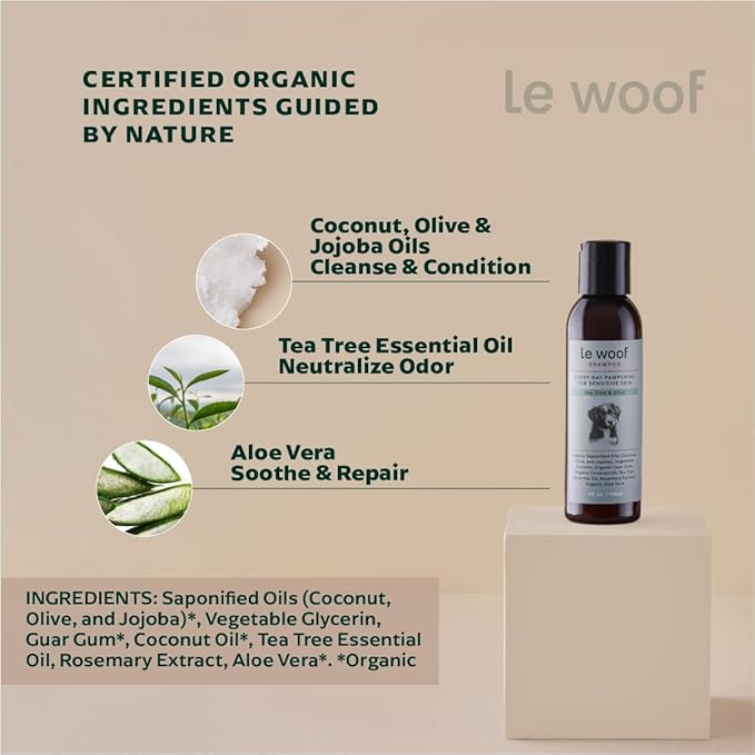 Tea Tree & Aloe Dog Shampoo 4oz: Certified Organic, Natural Shampoo Cleans & Conditions, Relief for Itchy Skin