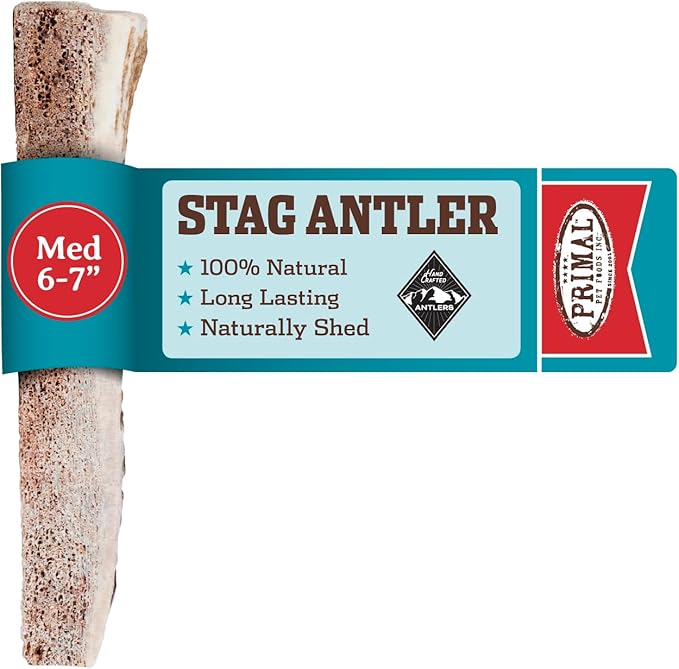 Primal Antlers for Dogs - Grade A Split Stag Antlers for Medium Dogs 15-30 lb - Natural Dog Chews for Aggressive Chewers - Naturally Shed Antlers - Long Lasting Dog Bones - 1 ct