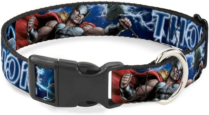Marvel Comics Pet Collar, Dog Collar Plastic Buckle, Avengers Thor Hammer Action Pose Galaxy Blues White, 9.5 to 13 Inches 1.0 Inch Wide