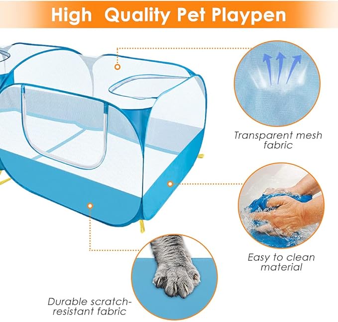 SlowTon Small Animals Playpen, Portable Large Chicken Run Coop with Breathable Transparent Mesh Walls Foldable Pet Cage Tent with 4 Zipper Doors for Puppy Rabbits Outdoor Yard (No Bottom)