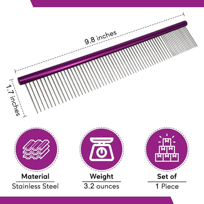 Pet Comb 10 inches Comfortable Grooming Comb with Different-Spaced Rounded Stainless Steel Teeth, Easy Grip and Convenient Grooming for Pets Dog Cat with Medium Coarse Fur - Purple