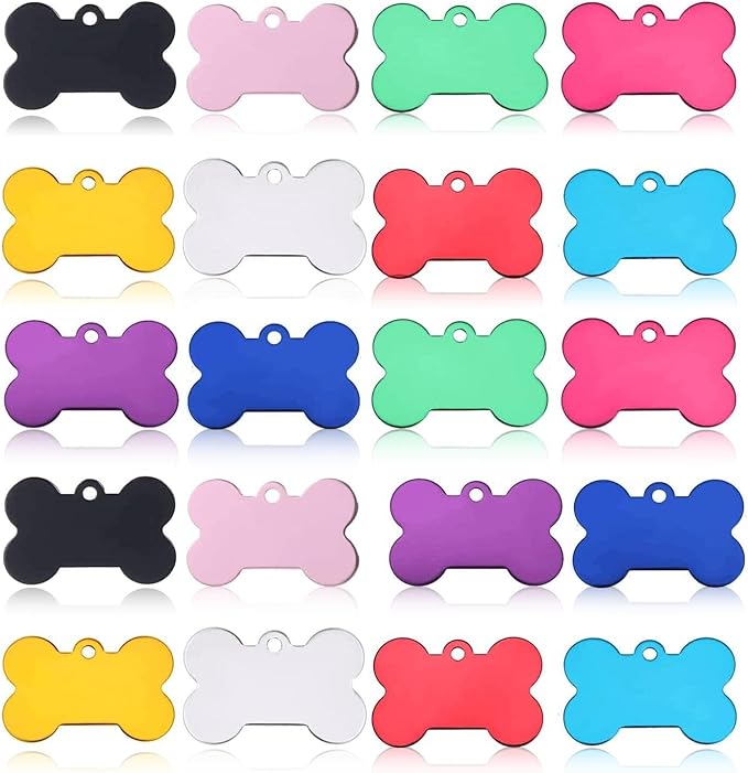 JIAKAI 20 Pcs 38MM Blank Bone Shape Pet ID ,Double Sided Blank Tag Dog Cat Pet Name Phone Number ID Tag Charm Personalized(Random Colors)
