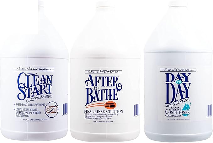 Chris Christensen Dog Shampoo & Conditioner Gallon Bundle, Clean Start Clarifying Shampoo + After U Bathe Final Rinse Solution + Day to Day Moisturizing Condiutioner, Groom Like a Proffesional