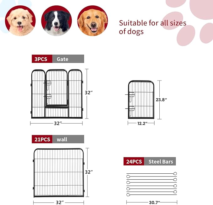 FDW Dog Playpen Dog Pen Dog Kennel 24 Panels 32 Inch Height Indoor Outdoor Folding Metal Portable Puppy Exercise Pen Heavy Duty Dog Fence for Yard Camping,Black