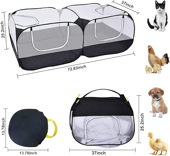 Small Animal Pet Playpen with Feeder Bowl and Storage Bag,Portable & Breathable Chicken Coop for Puppy Kitten Rabbits Indoor Outdoor(Black)