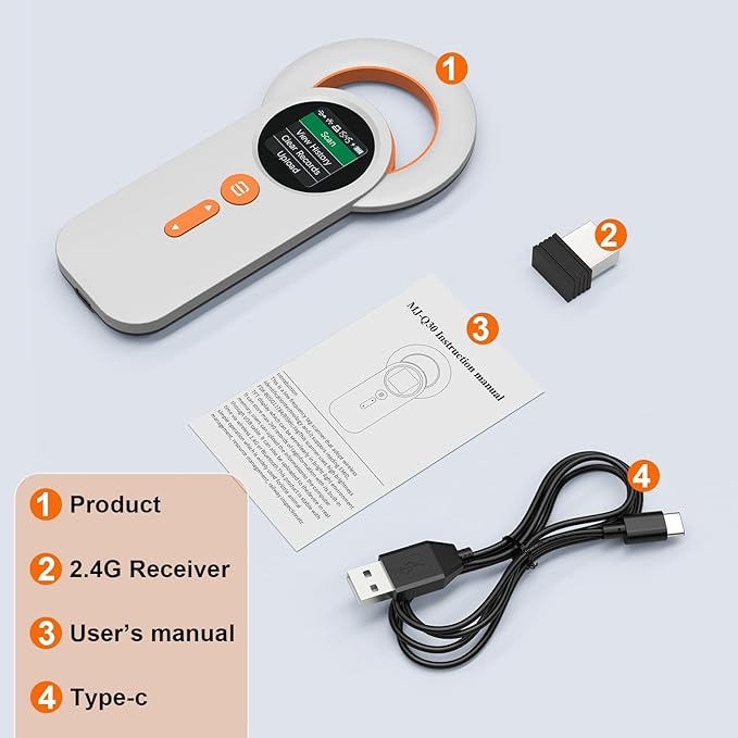 Pet Microchip Scanner Rechargeable RFID EMID Micro Chip Reader Scanner (2.4GHz Wireless+Bluetooth+USB) All in one 1.44” TFT Screen Display ISO11784 / ISO11785 / FDX-B and EMID for Animal/Pet/Dog/Cat