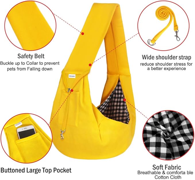 FDJASGY Small Pet Sling Carrier-Hands Free Reversible Pet Papoose Bag Tote Bag with a Pocket Safety Belt Dog Cat for Outdoor Travel Lemon Yellow