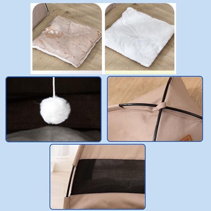 Cute Cat Teepee Cave, Cat Tent Foldable Indoor Outdoor with Thick Mat,Puppy Bed Tent,Bunny Pet Tent Teepee,Portable Dog House Teepee Tent, Cat Bed,Dog Bed Tent,Puppy Bunny,Pet Tent Teepee (O, M)