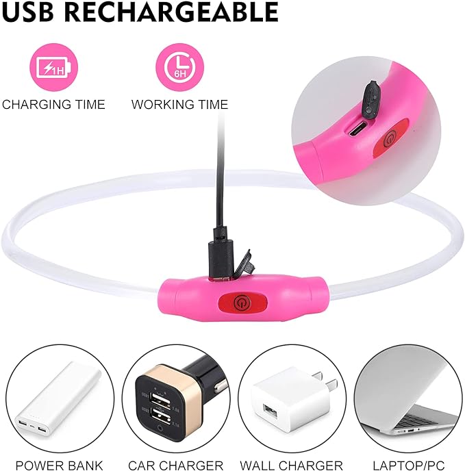 LED Dog Collar, Rechargeable Light Up Dog Collars,IP67 Waterproof Dog Lights for Night Walking,Adjustable, Reusable Safety Necklace for Small Medium Large Dogs (Pink)