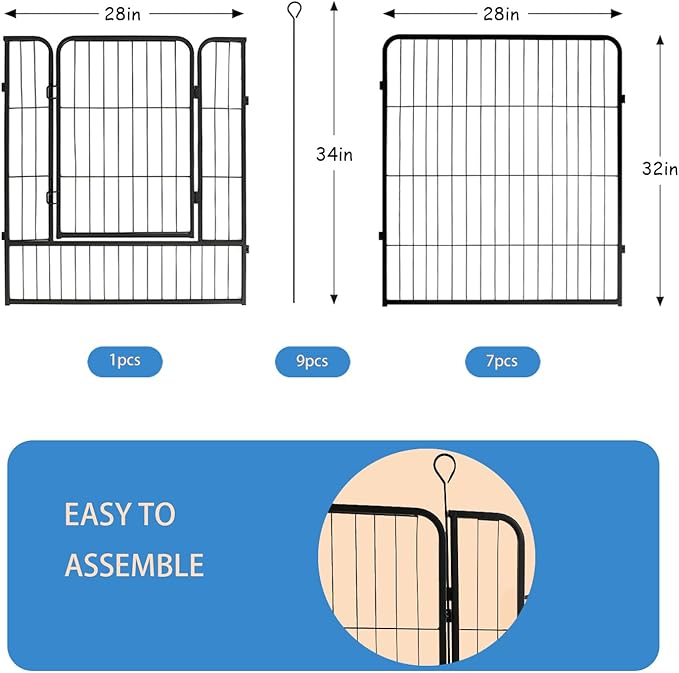Dog Playpen,32 in(H) Pet Fence Outdoor for Rv Camping,Garden Fence Animal Barrie for Yard,Total 8 Panels with Gate 18.6Ft(L) Black Metal Temporary Fencing