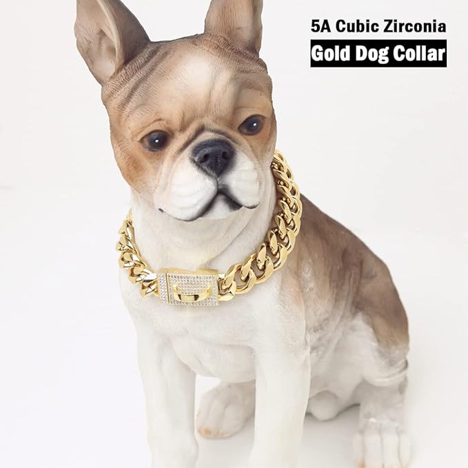 New Gold Dog Chain Collar with Bling Cubic Zirconia Secure Buckle,15MM Strong Stainless Steel Cuban Link Chain Collars,Luxury Necklace Collar for Small Medium & Large Dogs