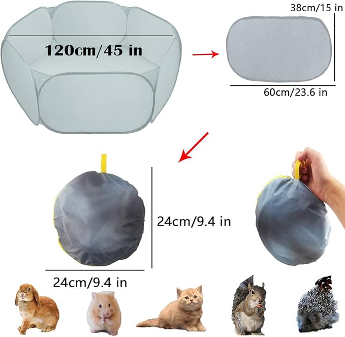 Small Animal Cage Tent Playpen with Fabric,Reptiles Cage,Breathable Transparent Pet Playpen Pop Open Outdoor/Indoor Exercise Fence,Portable Yard Fence (Solid-Grey)