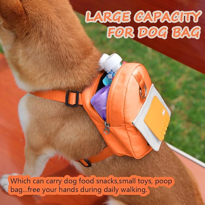 Dog Backpack Harness with Leash,Cute Pet Puppy Backpacks Bulid-in Dog Poop Bag Dispenser,Adjustable Pets Self Carrier Bag for Small Medium Dogs Travel Hiking Daily Walking(S, Orange)