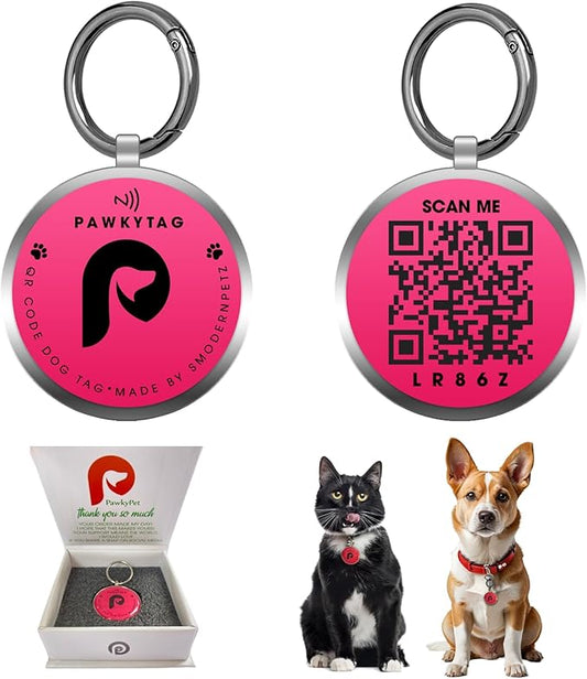 SMORDERNPETZ - Smart Dog Tag for Dogs and Cats - Durable Dog Name Tag - Waterproof QR Code Dog Tags for Pets with Anti-Lost Feature, Easy to Use - No Subscription Fees - Pack of 1(Pink)