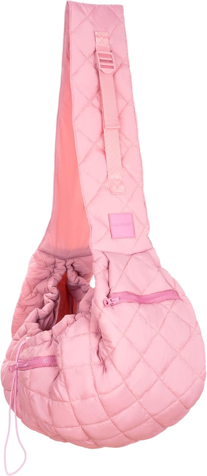 Dog and Cat Sling Carrier for Small Medium Puppy & Kitten Carrying, Wearable Crossbody Purse Bag with Adjustable Size and Shoulder Strap, Safety Clip, Two Zip Pockets (Pastel Pink)