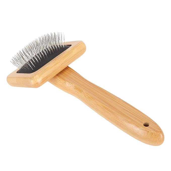 Macrame Slicker Comb with Hole Cushion Finely Polished Bamboo Cleaning Brush Sheepskin Wool Stainless Steel Pins Carding Rug Fur Brushes Long Prongs Pet (12x15.2x4.5cm /
