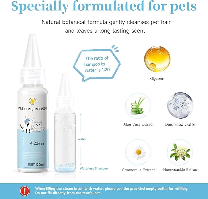 Pet Steam Brush for Dog & Cat – 3-in-1 Spray Hair Removal Comb – Steam Brush for Shedding & Grooming – Spritz Defur Comb – Includes Waterless Shampoo & Dental Wipes