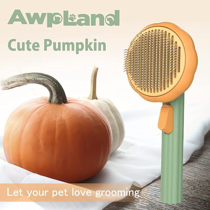 Self-Cleaning Dog & Cat Slicker Brush, Skin Friendly Deshedding Grooming Tool for Long or Short Haired Dogs Cats Rabbits, Dog Shedding Brush with Release Button - Pumpkin
