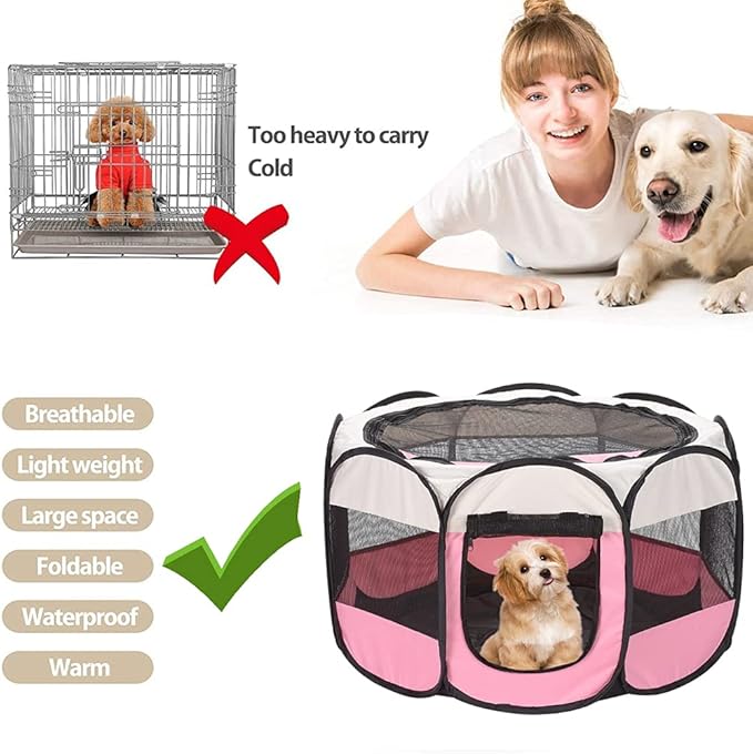 XianghuangTechnologyPet Portable Foldable Playpen, Dog/Cat/Puppy Exercise Pen Kennel, Removable Mesh Shade Cover (Pink)