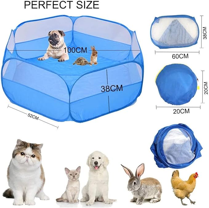Small Animal Playpen,Portable Small Animal Cage Tent Breathable Pet Playpen Cage Tent Pop-Up Outdoor&Indoor Exercise Fence for Hamster Guinea Pig Rabbit Puppy Hedgehog (Blue no Cover)