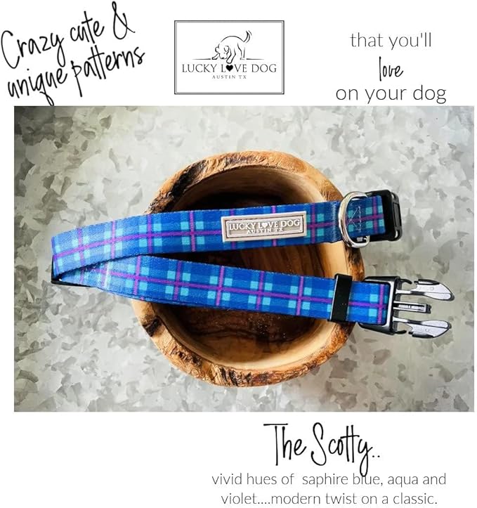 Lucky Love Dog, Blue and Violet Plaid Dog Collar and Leash Set, Adjustable & Comfy Combo Set for Boy and Girl Dogs - (Large, Scotty Combo)