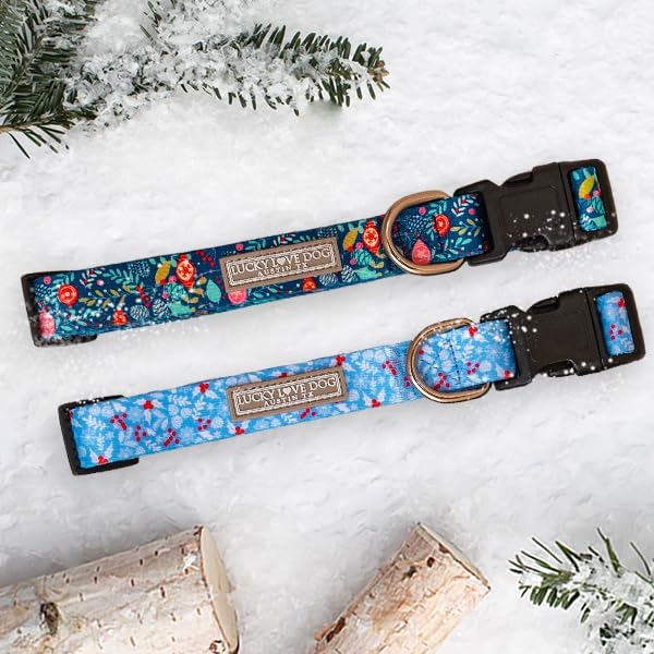 Lucky Love Dog, Blue Winter Pinecones Dog Collar, Vivid Winter Ornaments Dog Collar for Girl or Boy Dogs - (Medium, SweetHoliday Collar)