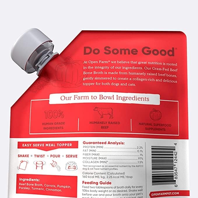 Open Farm Bone Broth, Food Topper for Both Dogs and Cats with Responsibly Sourced Meat and Superfoods Without Artificial Flavors or Preservatives, 72oz (6 Pack Grass-Fed Beef)