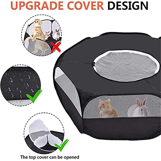 Small Animal Playpen,Portable Small Animal Cage Tent Breathable Pet Playpen Cage Tent Pop-Up Outdoor&Indoor Exercise Fence for Hamster Guinea Pig Rabbit Puppy Hedgehog (Black with Cover)