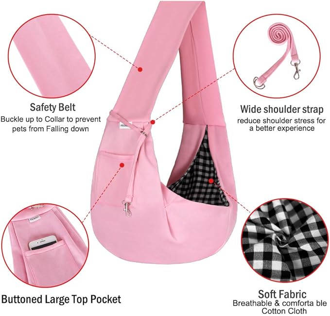 FDJASGY Small Pet Sling Carrier-Hands Free Reversible Pet Papoose Bag Tote Bag with a Pocket Safety Belt Dog Cat for Outdoor Travel Pink