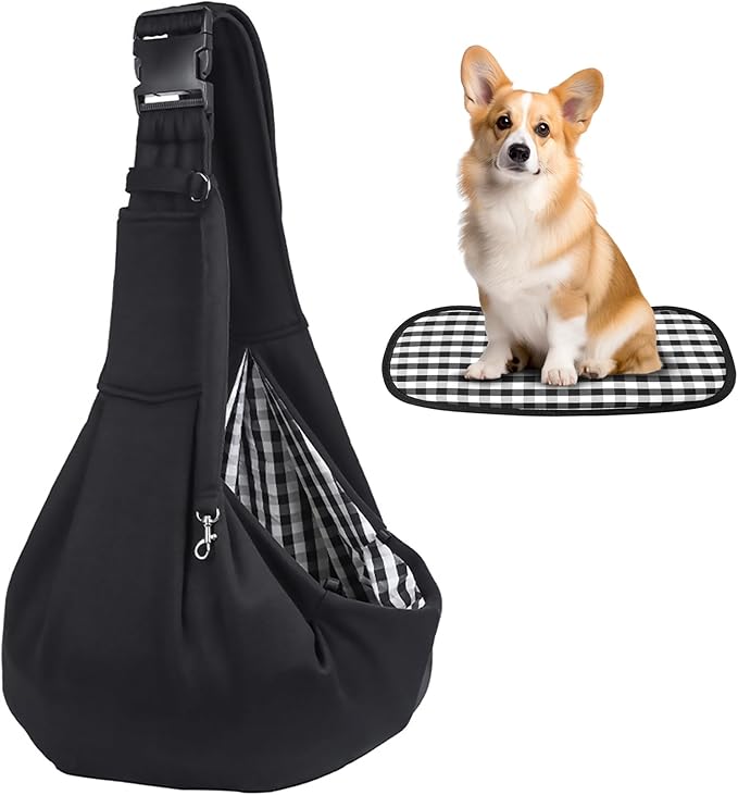 Kanemc Small Dog Sling Carrier Include Bottom Support, Puppies Cat Wrap Carrier Sling Adjustable Strap Zip Pocket, Hands Free Pets Pack for Outdoor Travel Vet (Black)