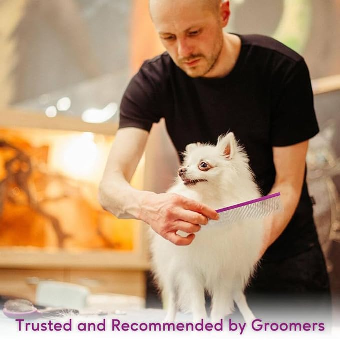 Pet Comb 8 inches Comfortable Grooming Comb with Different-Spaced Rounded Stainless Steel Teeth, Easy Grip and Convenient Grooming for Pets Dog Cat with Medium Coarse Fur - Purple